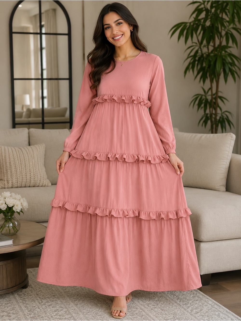 Abaya Women's Long Sleeve Tiered Ruffle Maxi Dress - Dusty Rose